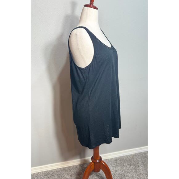 EIleen Fisher linen tunic tank black sequined neckline sleeveless loose fit Sz L - Picture 3 of 6